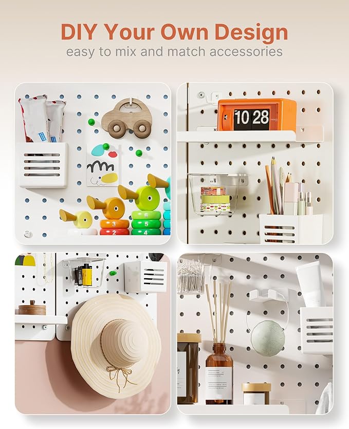 Pegboard Wall Organizer Combination Kit,Overall 33.1"x25.4" Metal Office Pegboard with 21 Accessories, Wall Mounted Peg board Display Panels for Home, Gaming Room, Garage (4Pcs,White)