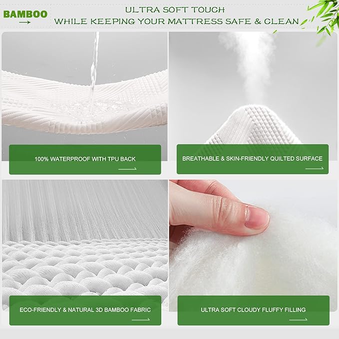 GRT Queen Waterproof Mattress Protector Rayon Bamboo - 3D Air Fiber Cooling Mattress Cover Breathable Ultra Soft, Mattress Pad Noiseless Fits up to 26'' Deep Pocket Washable