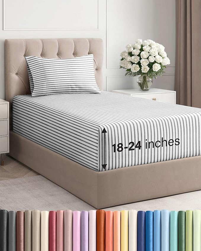 Extra Deep Pocket Twin XL Sheets - 3 Piece Breathable & Cooling Bed Sheets - Hotel Luxury Bed Sheet Set - Soft, Wrinkle Free & Comfy - Easily Fits Extra Deep Mattresses - Grey Striped Sheets Set