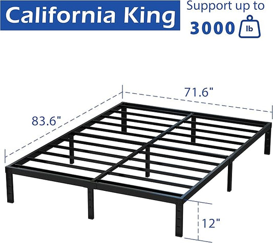 12 Inch Cal King Bed Frame No Box Spring Needed, Heavy Duty California King Metal Platform Support Up to 3000 lbs with Steel Slat, Easy Assembly, Noise Free, Black