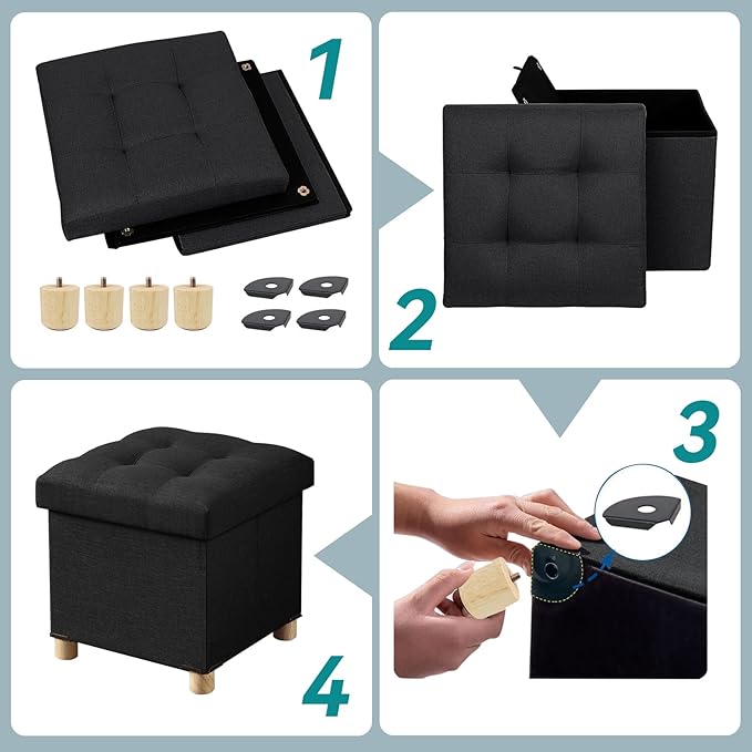 BRIAN & DANY Ottoman with Storage, Small Storage Ottoman for Dorm, Linen Folding Ottoman Foot Stool with Legs for Living Room and Bedroom, 15"x15"x15" - Black
