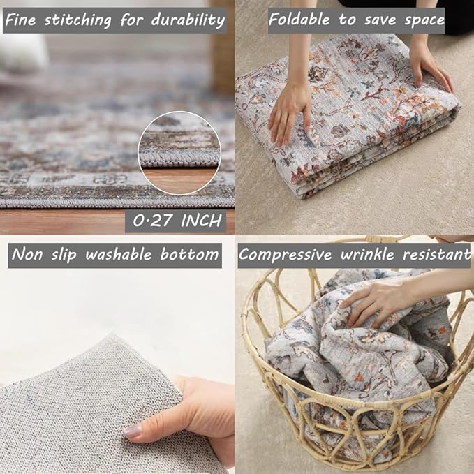 Area Rug 6x9 Washable Rug Dark Brown Vintage Traditional Distressed Thin Retro Kitchen Indoor Floor Cover Non Slip Carpet Floral Print Mat Living Room Bedroom Dining Room