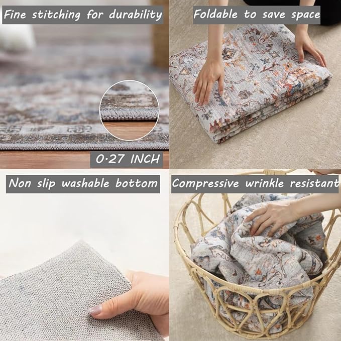 Area Rug 4x6 Washable Rug Brown Vintage Traditional Floor Cover Foldable Thin Retro Kitchen Accent Indoor Distressed Non Slip Carpet Floral Print Mat Bedroom Living Room