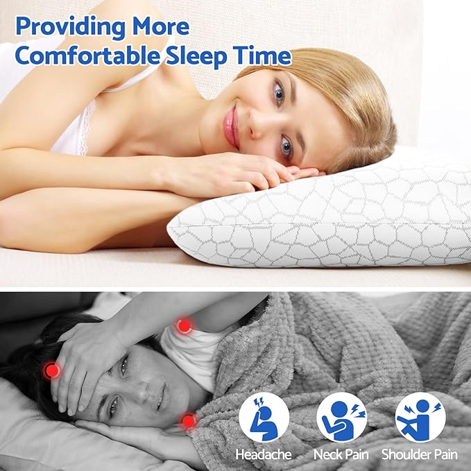 Memory Foam Pillows for Sleeping, Bed Pillow with Removable and Machine Washable Cover, Bed Pillow for Side, Back and Stomach Sleepers, Standard Size (2 Pack)
