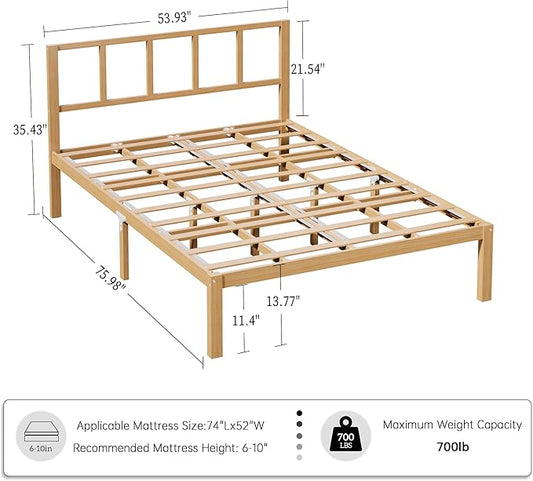 14 Inch Bamboo Bed Frame – Solid Wood Platform Bed Frame, Strong and Stable, with Non-Slip Slats for Support, No Box Spring Needed, Easy to Assemble, Noise-Free (Natural, Full with Headboard)