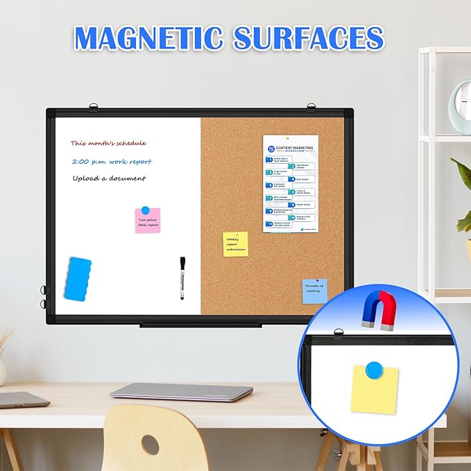 [24" x 36"] WALGLASS Dry Erase and Bulletin Boards Combo, Magnetic White Board Cork Board for Wall, Whiteboard & Corkboard Combination with Aluminum Frame, for Home, Classroom, Office