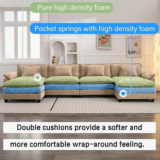 154" Modular Sectional Sofa, Comfy Cloud Couch Sectional Sofa with Ottoman, Chenille Sofa Sleeper Deep Seat Sofa with Throw Pillows for Living Room (Khaki, 154"- U Shape)