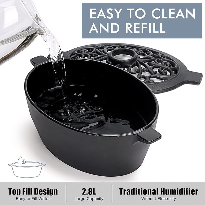 INNO STAGE Wood Stove Steamer, Cast Iron Humidifier for Stove, Home Indoor Decorative, Matte Black Finish, Rust Resistant, Lattice Top, 2.5 Quart Capacity, Patented