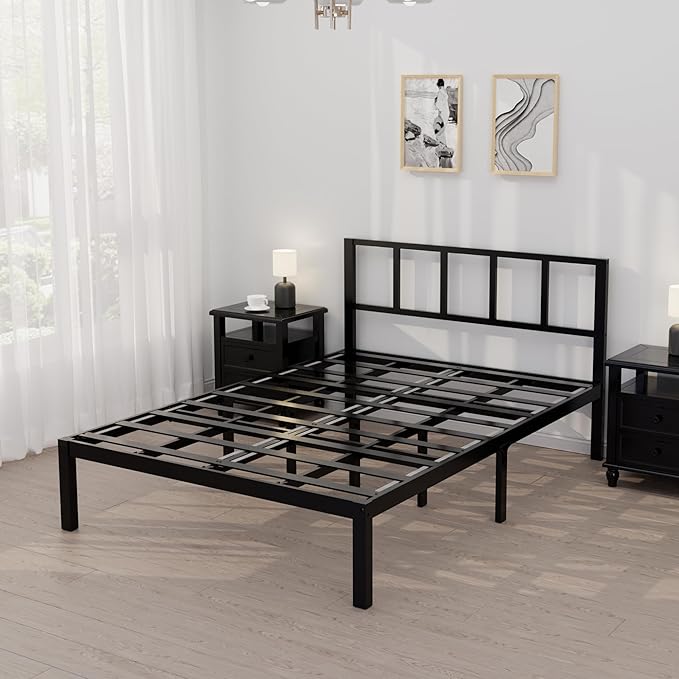 14 Inch Bamboo Bed Frame – Solid Wood Platform Bed Frame, Strong and Stable, with Non-Slip Slats for Support, No Box Spring Needed, Easy to Assemble, Noise-Free (Black, Full with Headboard)