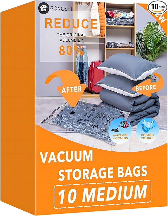 10 Medium Vacuum Storage Bags, Space Saver Sealer Compression Bags for Blankets, Comforters, Pillows, Clothes Storage