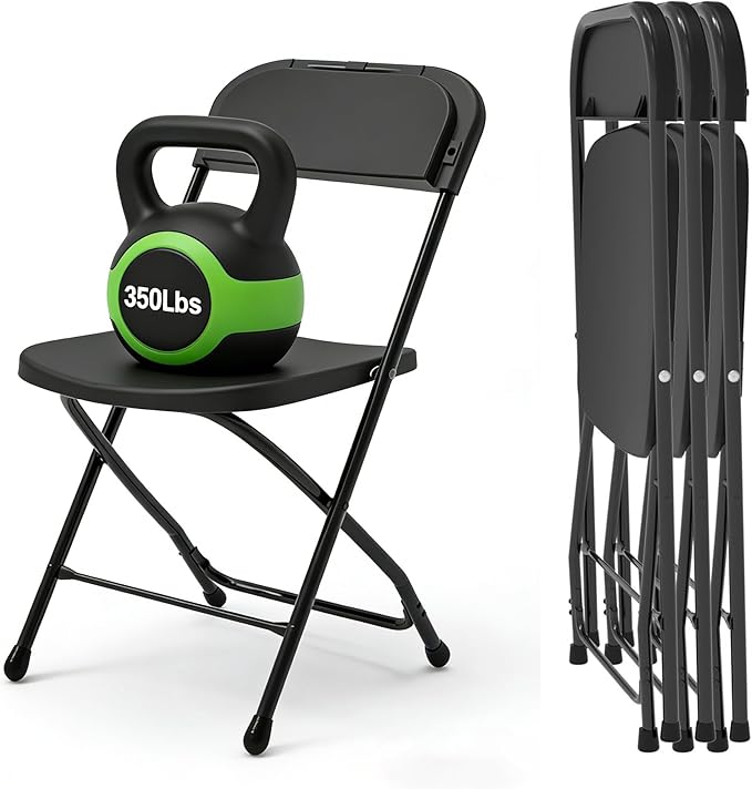 SHGJ&SOFT Set of 4 Folding Chairs, Plastic Seat and Backrest, Black Metal Frame Chair, Suitable for Indoor and Outdoor,Capacity 350 lbs (Black, 4-Pack)