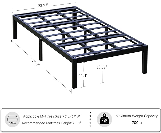 14 Inch Bamboo Bed Frame – Solid Wood Platform Bed Frame, Strong and Stable, with Non-Slip Slats for Support, No Box Spring Needed, Easy to Assemble, Noise-Free (Black, Twin)