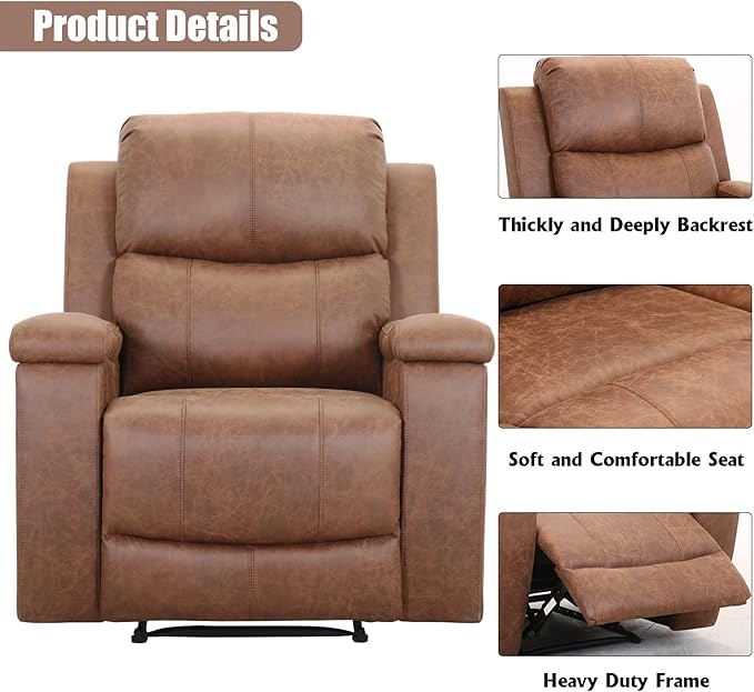 CANMOV Leather Recliner Chair, Classic and Traditional Manual Recliner Chair with Overstuffed Arms and Back, Manual Single Sofa with Concealed Cup Holders, Brown