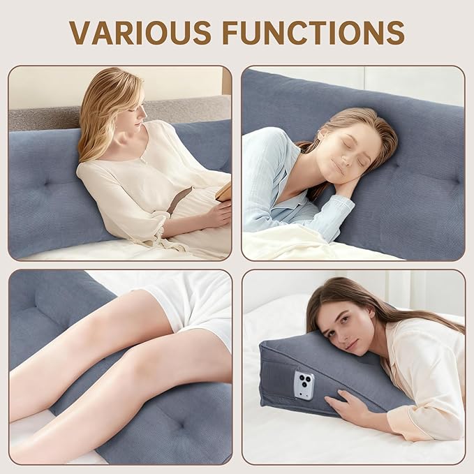 Headboard Pillow Queen Bed Wedge Pillow for Dorm, Daybed, Back Support, Sitting Up, Reading, Relaxing, Dark Grey