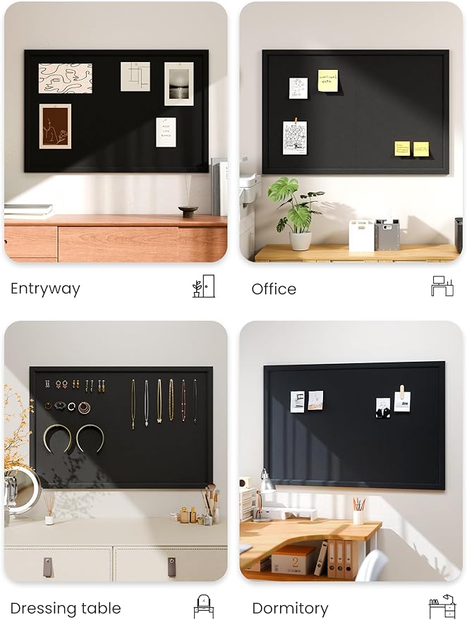 Foldable Cork Board Alternative, Felt Bulletin Board 36" x 24" Black Frame with 24 Adhesive Tabs, Pin Board for Home Office, Classroom, Entryway, Kitchen Wall Decor—Black