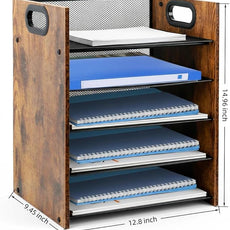 Wood Desk Organizer - 5-Tier Desktop File Organizer, Wooden Paper Tray, Office Desk Organzier and Accessories for Papers, Mail, Notebooks, Stationery