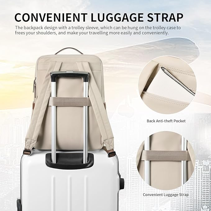 GOLF SUPAGS Stylish Laptop Backpack for Women Airline Approved Perfect for Work College and Travel Multi-Functional Casual Daypack Fits 15.6 Inch Notebook (Apricot)
