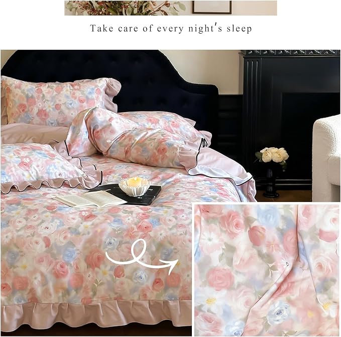 HighBuy Ruffle Duvet Cover Set Twin Pink 100% Brushed Cotton Bedding 3pcs Set,Chic Cottagecore Soft Breathable Vintage Boho Bedding Set,1 Duvet Cover and 2 Pillowcases