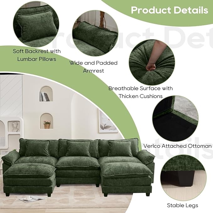 120" Modular Sectional Sofa, Comfy Cloud Couch Sectional Sofa with Ottoman, Chenille Sofa Sleeper Deep Seat Sofa with Throw Pillows for Living Room (Green, 120"- U Shape)