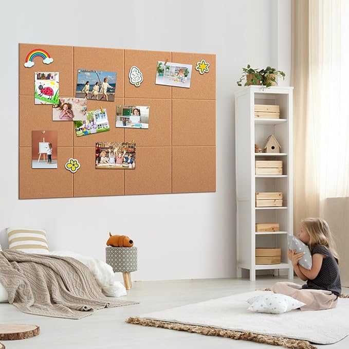 Large Bulletin Board 48" x 36" - 12 Pack Felt Wall Tiles with 60 Pcs Safe Removable Adhesive Tabs & 40 Pcs Pushpins, Cork Board for Office, School & Dart Wall Protector - Warm Beige