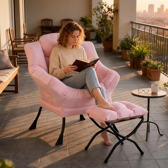 Tiita Lazy Chair with Ottoman, Modern Large Accent Lounge Armchair, Comfy Leisure Sofa Reading Chair with Footrest for Bedroom, Living Room, Dorm Rooms, Garden and Courtyard, Pink