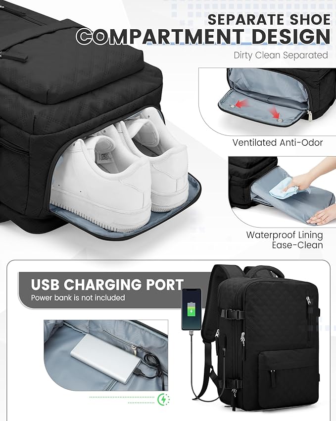 suwasp Vacuum Backpack Travel with Pump, Travel Backpack for Women Men, Vacuum Compression Bags with Laptop Compartment/Shoe Compartment, Personal Item Carry On Backpacks Flight Approved, Black