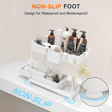 Under Sink Organizer, Bathroom Organizers and Storage, 2 Tier Multi-Use Pull Out Cabinet Organizer with Hang Hooks and Cups (White, 4 Pack)