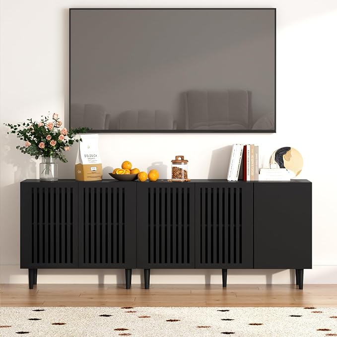 CHUWELL Modern TV Stand, 78.7" Storage Cabinet with 5 DIY Doors and Adjustable Shelf, Sideboard Coffee Bar Cabinet with Solid Wood Feet for Kitchen,Dining Room,Living Room,Black