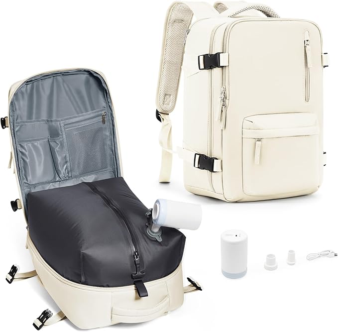 Vacuum Compression Backpack, Travel Vacuum Backpack with Electric Vacpack Pump, Flight Approved Carry On Personal Item Suitcase Luggage for Men Women, Beige, Small