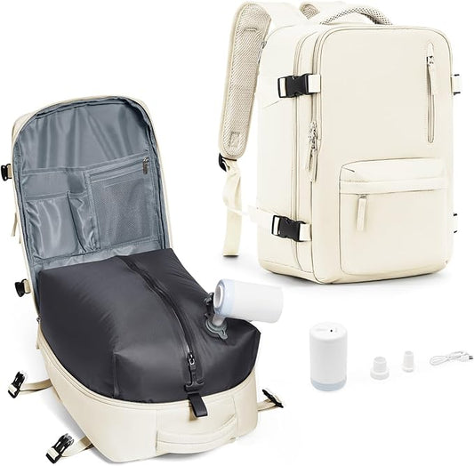 Vacuum Compression Backpack, Travel Vacuum Backpack with Electric Vacpack Pump, Flight Approved Carry On Personal Item Suitcase Luggage for Men Women, Beige, Small