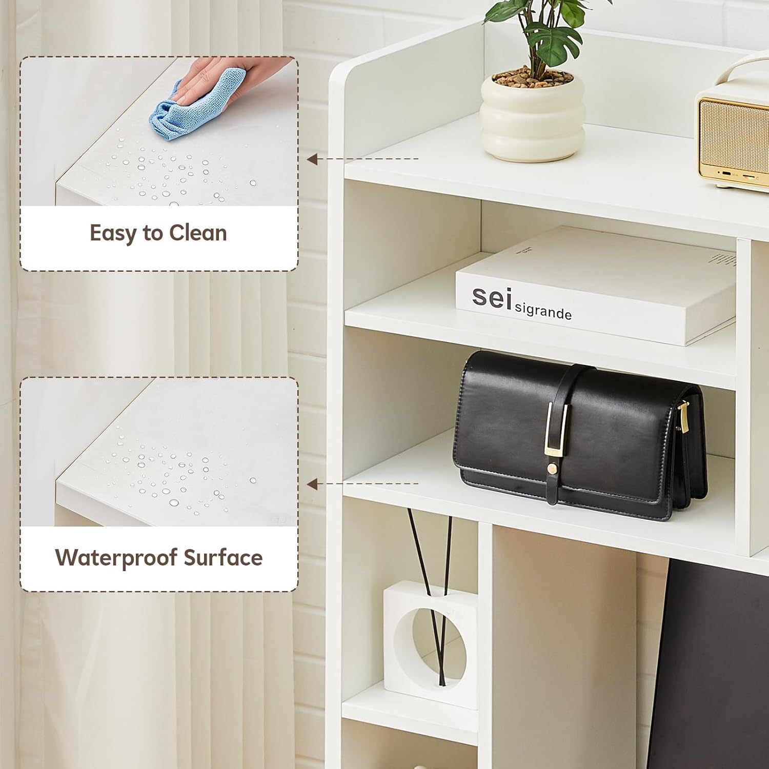 Desktop Bookshelf, Wooden Desk Hutch with 7 Shelves, 35.4" 3-Tier Desk Organizer and Storage Shelf for College Dorm Office Home (White)