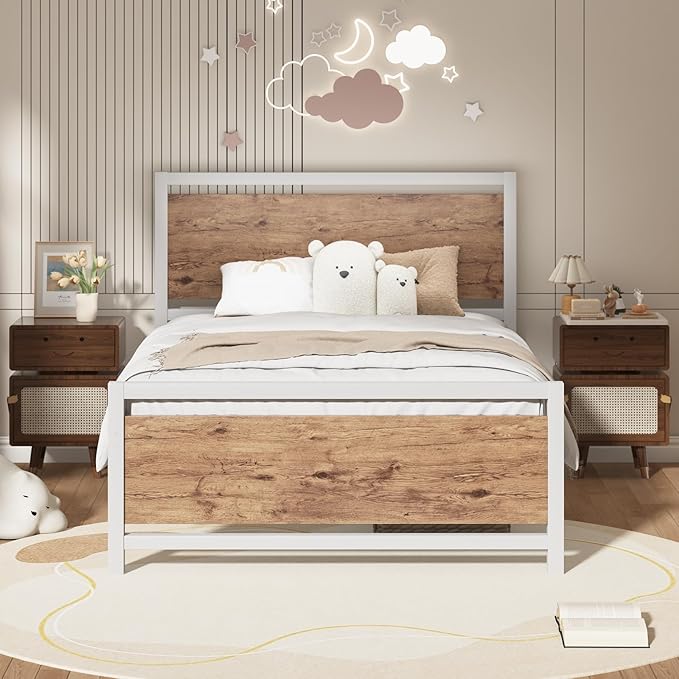 Twin Bed Frames with Headboard, Industrial Style Twin Size Bed Frame, Twin Size Bed Frames with Wooden Footboard, Heavy Duty, No Box Spring Needed, Noise-Free, Easy Assembly, White Brown
