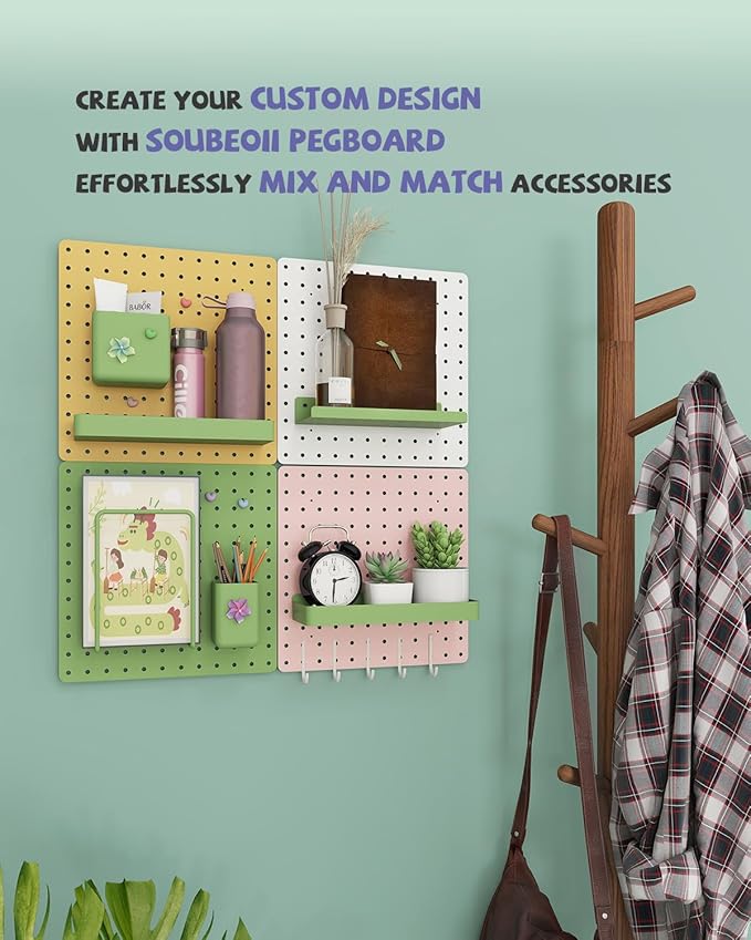 Metal Pegboard Combination Kit — 4 Carbon Steel Pegboards with 26 Accessories, Pegboard Wall Organizer for Home, Office, Study Room, Kitchen, Garage & Craft Room — 24″ × 24″ Yellow Peg Board