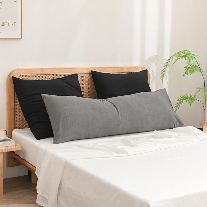BESTOUCH 100% Washed Cotton Pillowcase for Hair and Skin Linen Feel Soft Comfortable Breathable 2 Set Pillow Case with Envelope Closure Solid Deep Dark Black Euro 26x26 Inches