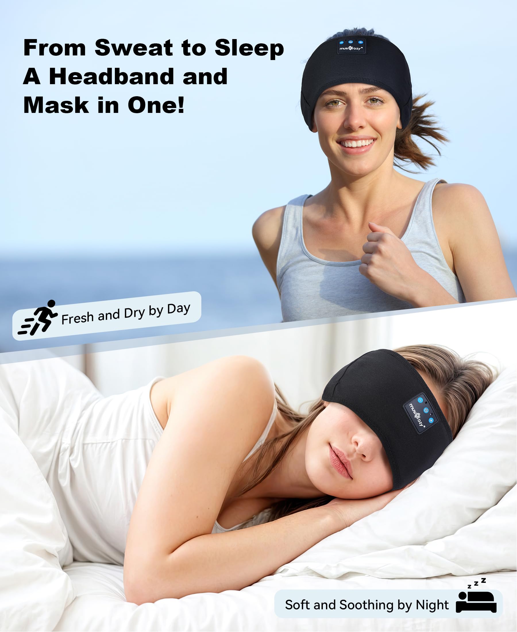 MUSICOZY Sleep Headphones Bluetooth 5.4 Headband, Sports Wireless Earphones Sweat Resistant Earbuds Sleeping Headphone with Ultra-Thin HD Stereo Speaker for Workout Running Cool Gadgets Unique Gifts Dormly