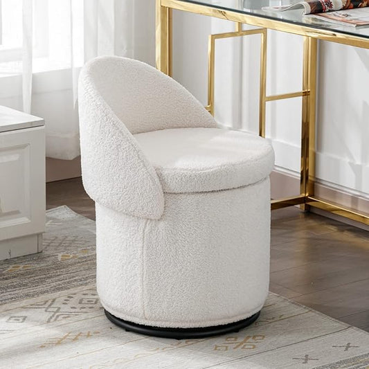 Modern Swivel Ottoman Vanity Chair, Sherpa Upholstered Barrel Club Chairs 360°Degree Swivel Side Chair with Storage, Comfy Makeup Stool for Bedroom Living Room, White