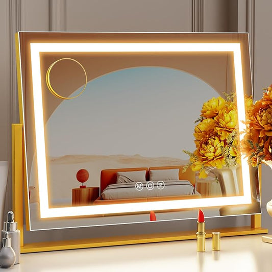 Lighted Makeup Mirror, 17.3"x13" Hollywood Vanity Mirror with Lights, Three Color Lighting Modes, and 5X Magnification Mirror, Smart Touch Control, 360°Rotation (Gold,17.3in Gift Box)