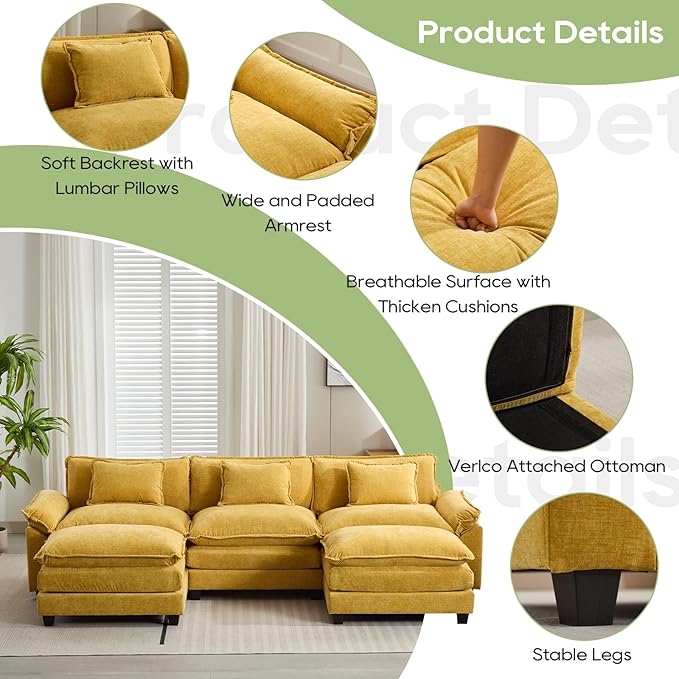 120" Modular Sectional Sofa, Comfy Cloud Couch Sectional Sofa with Ottoman, Chenille Sofa Sleeper Deep Seat Sofa with Throw Pillows for Living Room (Yellow, 120"- U Shape)