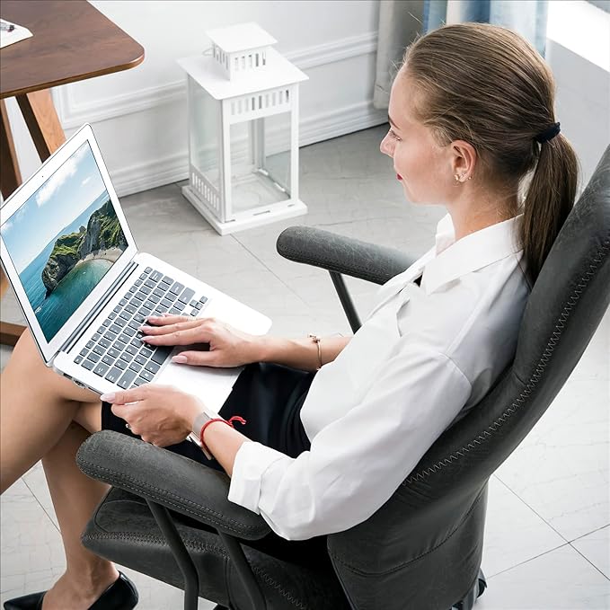 ovios Ergonomic Office Chair, High Back Faux Leather Executive Chairs with Armrests, Comfy High-Century Modern Swivel Rolling Computer Armchair (Dark Grey, Suede Leather)