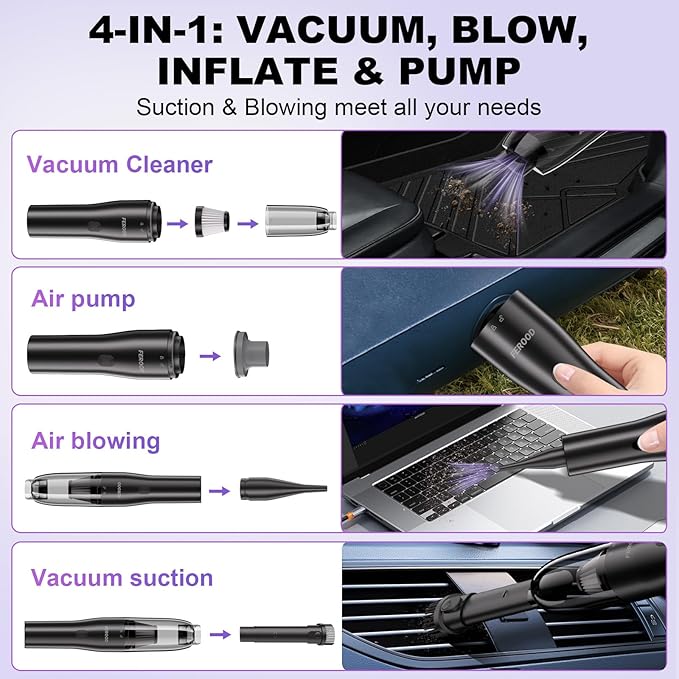 4-in-1 Mini Handheld Vacuum Cordless for Car, Desk & Small Spaces, 6.5kPa Strong Suction, Ultra-Quiet 60dB, 0.85 lb Portable Air Duster/Inflator/Pump, USB-C Rechargeable 2 Washable HEPA Filters