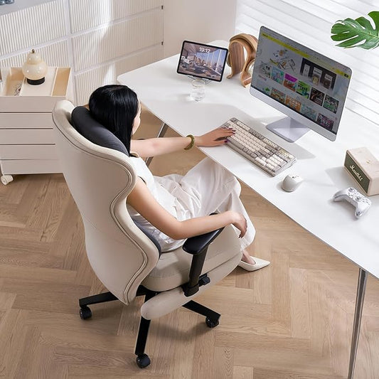 EMIAH Ergonomic Office Chair with Foot Rest Reclining Office Chair with Adjustable Arms and Headrest High Back Gaming Chair with Lumbar Support, PU Leather(Beige)