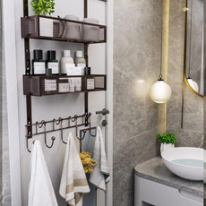 Consumest Over The Door Hooks Organizer - Extra Long Door Hanger with 9 Coat Hooks & 2 Mesh Basket, Back Storage Organizer Hanging Towels for Bathroom, Bedroom, Bronze (for 1.76in Doors)