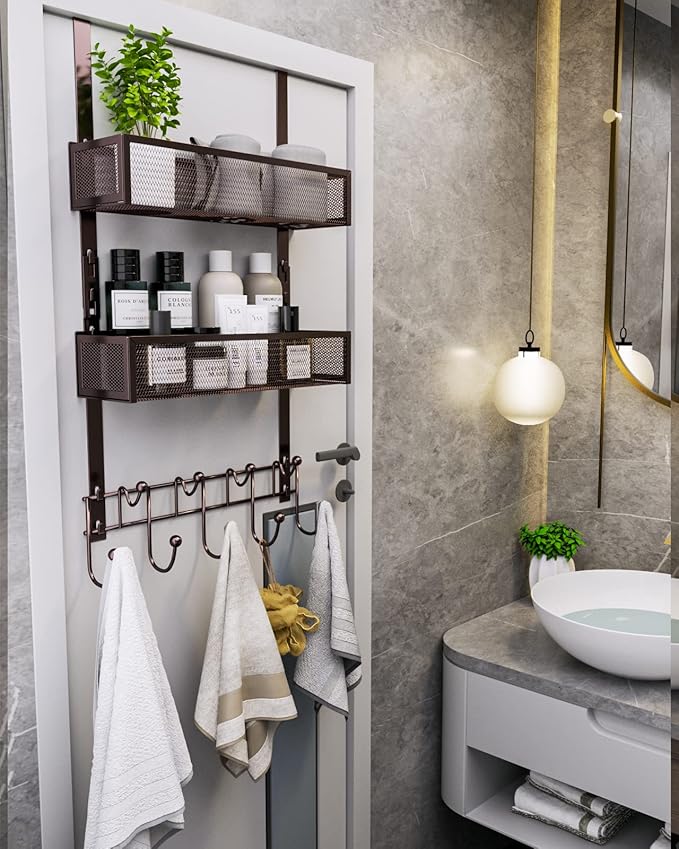 Consumest Over The Door Hooks Organizer - Extra Long Door Hanger with 9 Coat Hooks & 2 Mesh Basket, Back Storage Organizer Hanging Towels for Bathroom, Bedroom, Bronze (for 1.76in Doors)