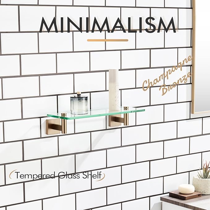 KOKOSIRI Wall Shelves Bathroom Hardware Glass Floating Shelf 12-Inch for Bedroom, Living Room, Kitchen, Hanging Rack Champagne Bronze B1105CPG-L12