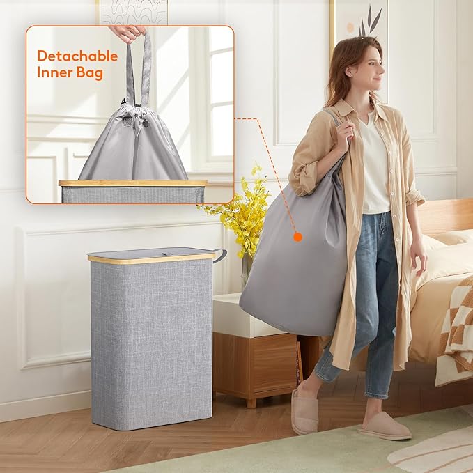 Lifewit 50L Slim Laundry Hamper with Lid, Narrow Laundry Basket with Removable Bag & Bamboo Handles, Fodable Thin Dirty Clothes Hamper for Laundry Collapsible Bin for Bathroom Bedroom Dorm, Gray
