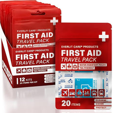 Travel Bandage Pack | 12 Individual Packets, Bulk Portable Mini First Aid Kit with 20 On-The-Go Essentials | Compact Water-Resistant Reusable Pouch to Clean, Cover & Protect