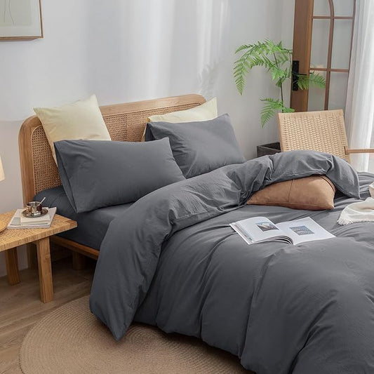 BESTOUCH Duvet Cover Set 100% Washed Cotton Linen Feel Super Soft Comfortable Chic Lightweight 3 PCs Home Bedding Set Solid Quiet Shade Grey Oversized Full