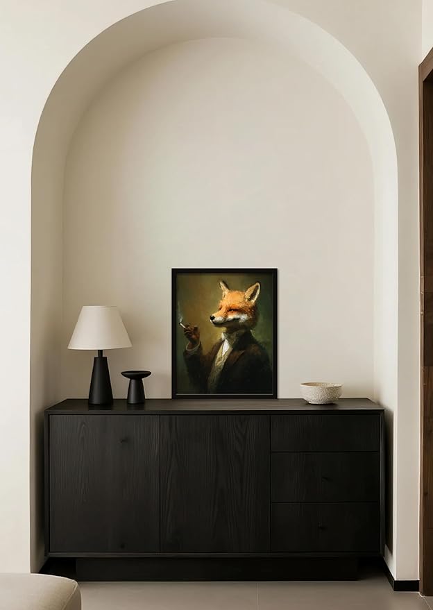 Funny Elegant Animal Wall Art Print Mr. Fox In Thinking Poster Vintage Canvas Art Wall Decor Picture For Bedroom Office living room Bathroom Wall Decor Aesthetic Home Artwork 16" × 20" With Framed