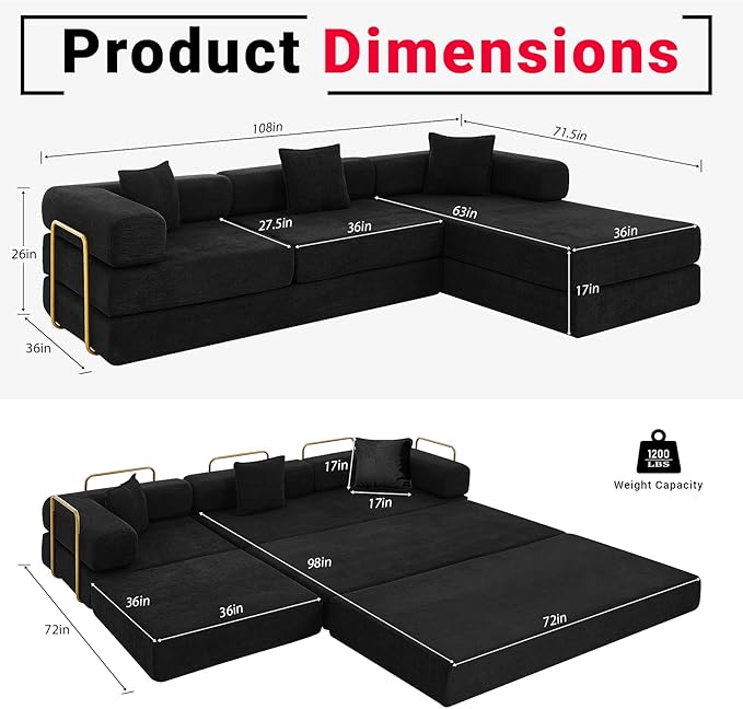 108" Oversized Convertible Sleeper Sofa Bed, Corduroy L Shape Sectional Couch, Folding Sofa Bed with Fixed-Shape Frame, Modern Cloud Floor Mattress Couch, Modular Sofa for Living Room,Black