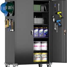 2025 Upgraded Wide & Deep Garage Storage Cabinet with Wheels, Lockable Metal Storage Cabinet with Pegboards and 9 Hooks, 2 Tool Pouches for Garage,4 Adjustable Shelves (Black,43''W x 22''D x 72''H)